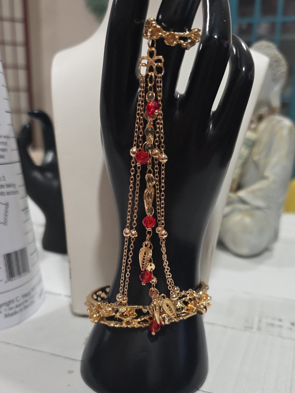 Gold-Tone Hand Chain Bracelet with Red Crystal Accents - Women Jewelry